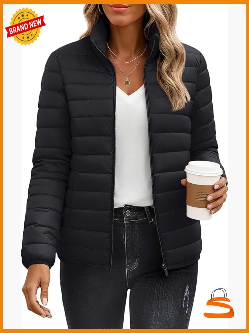 Women's Puffer Jacket Quilted Lightweight Padded 4 Pockets Zip-up Stand-collar